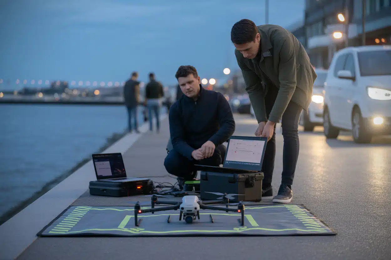 Techniciens préparant des drones pour un spectacle municipal nocturne