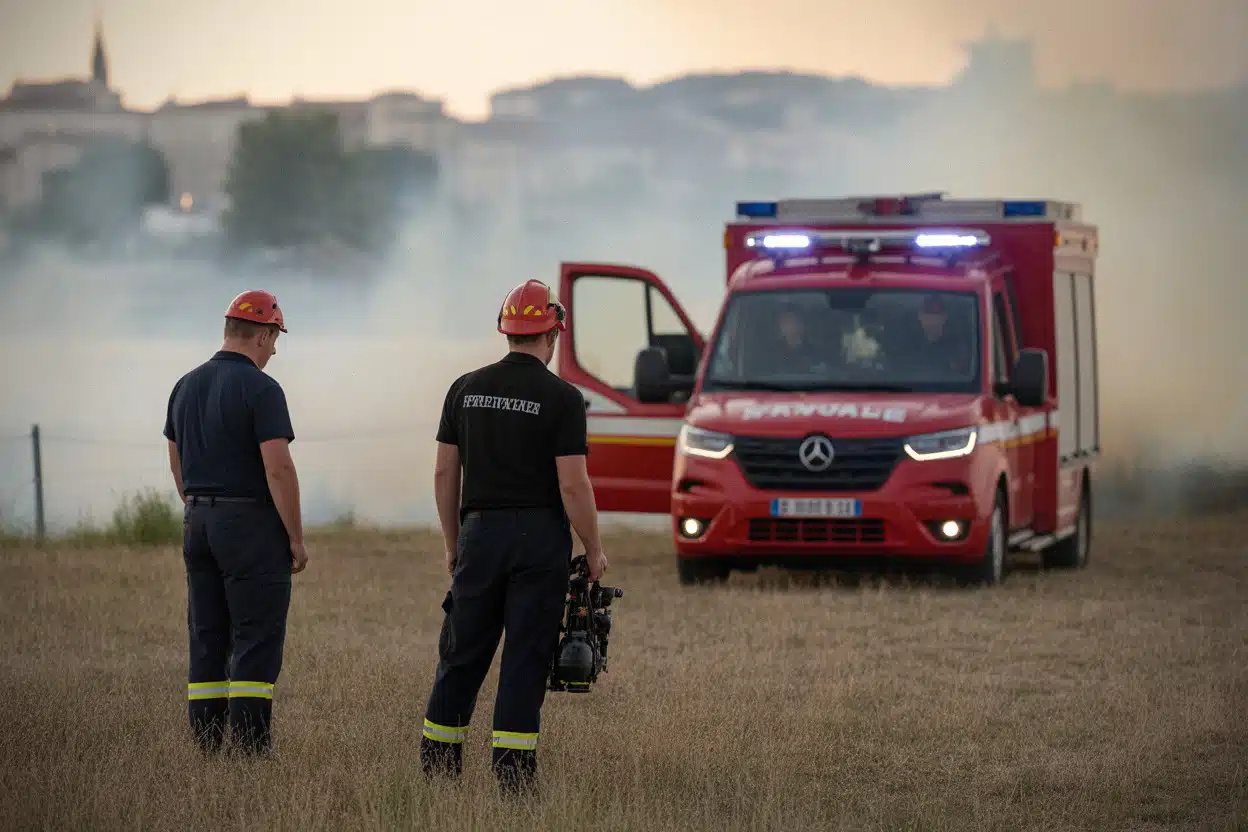 Pompiers contrôlant une zone sèche avant un feu d’artifice