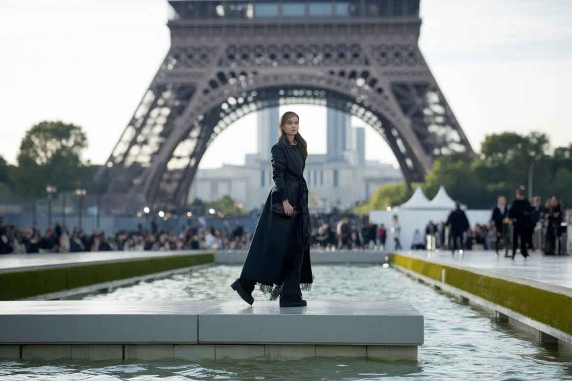 Carla Bruni photographiée à la Fashion Week de Paris, au défilé Christian Dior: La photo mentionnée situe Carla Bruni au photocall du défilé Christian Dior, Collection Femme Prêt-à-Porter Printemps/Été, pendant la Fashion Week de Paris. Le décor est précisé: le Jardin des Tuileri - illustration