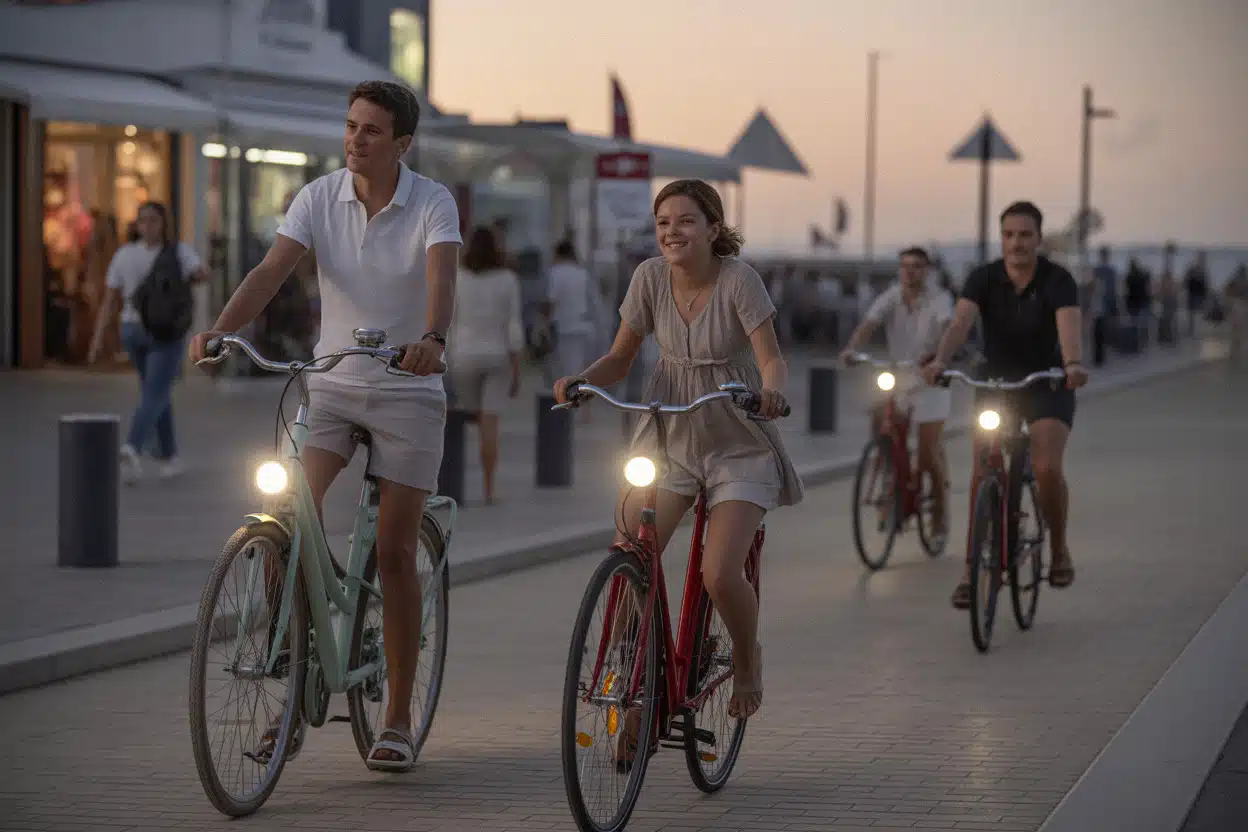 Familles à vélo avant un feu d’artifice sur l’île de Ré